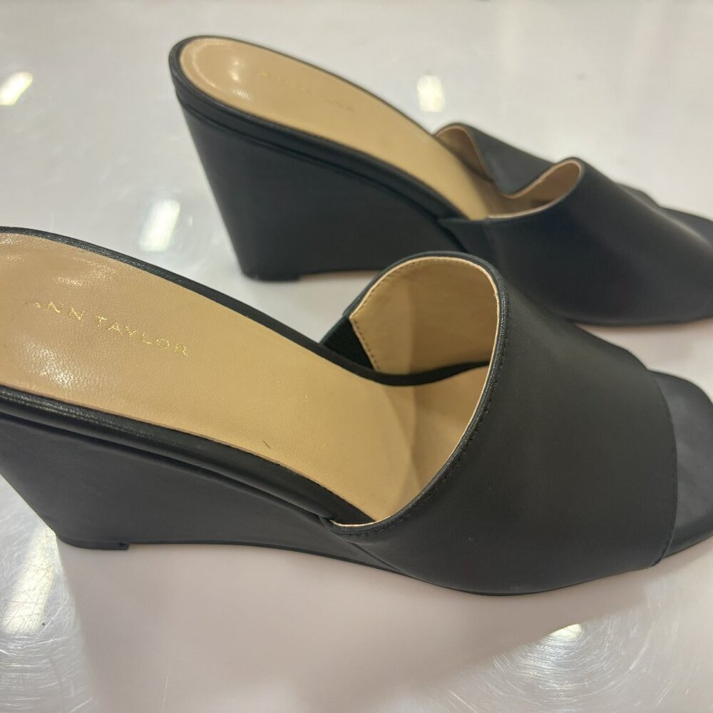 Ann Taylor - Black Leather High Wedge Sandal